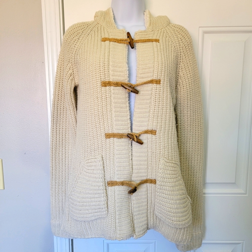 Sao Paulo Wool Blend Hooded Cardigan Sweater Fleece Lined Wood Toggle Buttons S